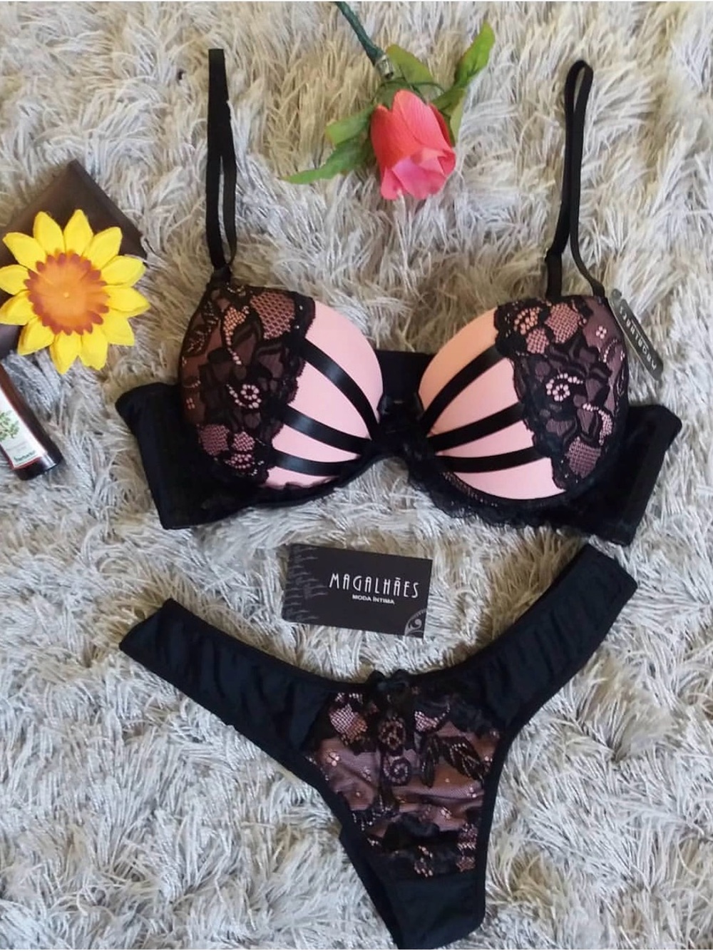 Brazilian Pink & Black Lace Push-Up Bra Set